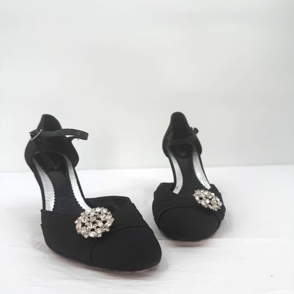 Lulu Guinness London Blk Satin Decorative Brooch Ankle Strap Heels EU 37 US 6.5